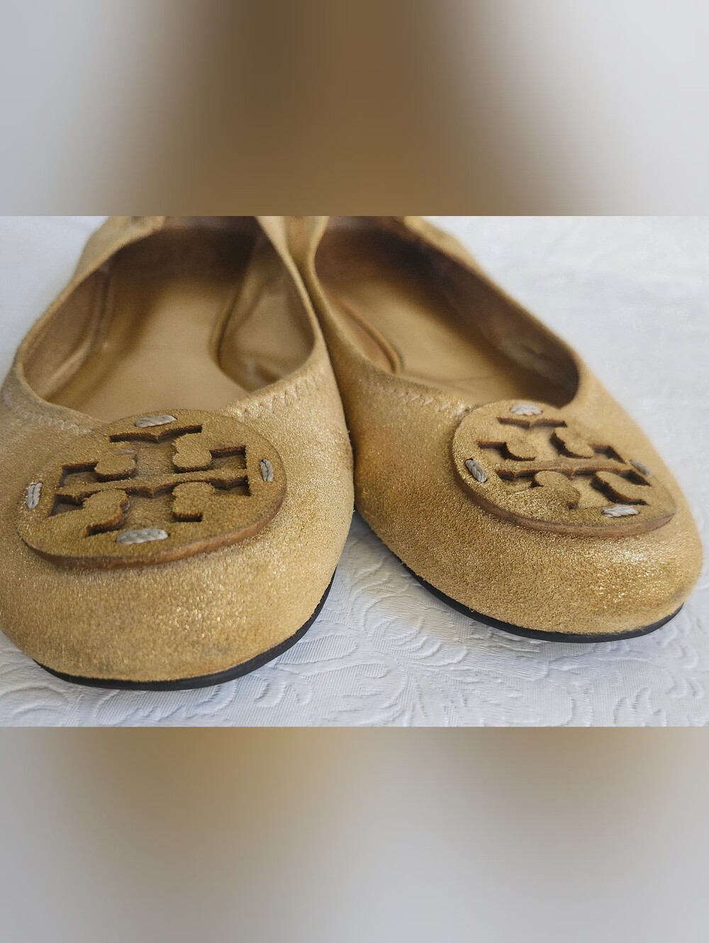 💜Tory Burch Reva Metallic Gold Leather Ballet Flats with Logo Size 9
